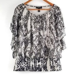 Anthro Chiffon Snakeskin Lagenlook Drapey Butterfly Sleeve Ruffle Blouse Y2K